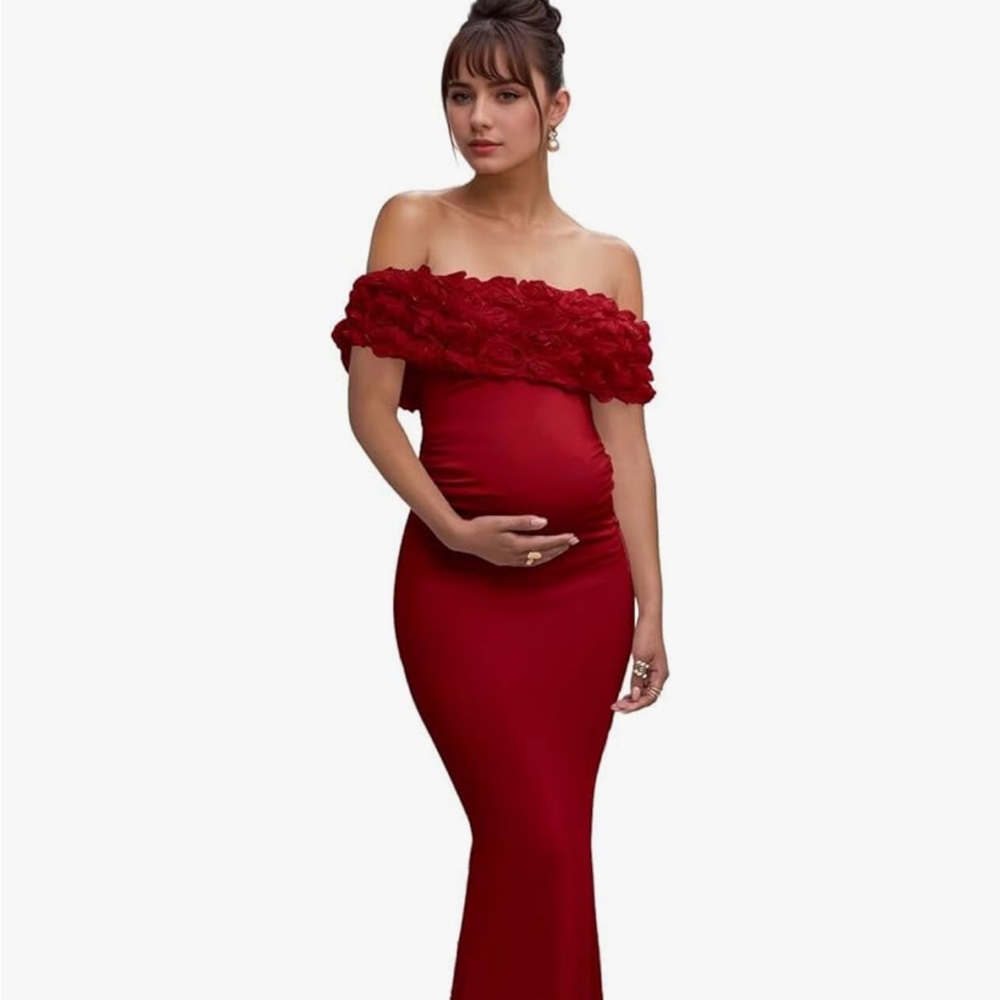 Elegant Red Off-Shoulder Maternity Dress